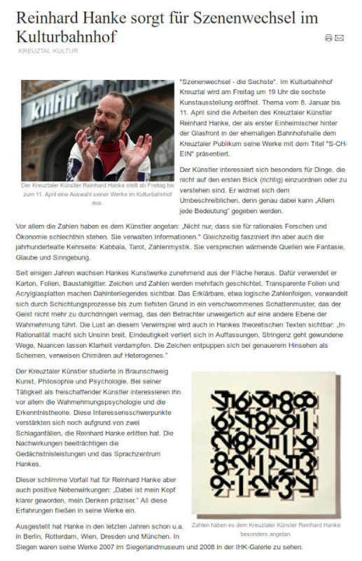 Rezension Kunstausstellung Kulturbahnhof Zeichenhaft Zeitungsartikel Siegener Zeitung Westfalen Siegen Zahlen Symbol Interpretation Wirklichkeit