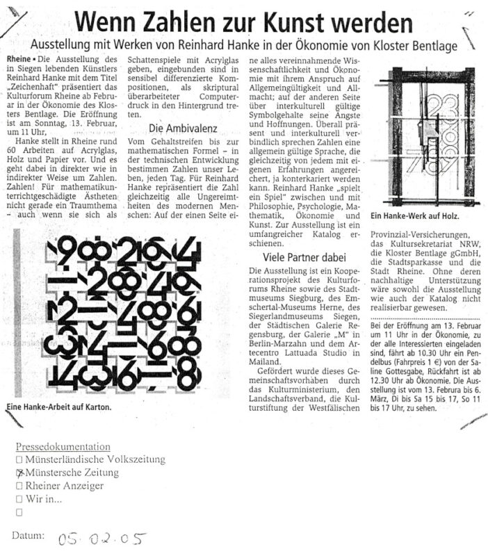 Rezension Kunstausstellung Kulturforum Zeichenhaft Zeitungsartikel Münstersche Zeitung Westfalen Rheine Zahlen Symbol Interpretation Wirklichkeit