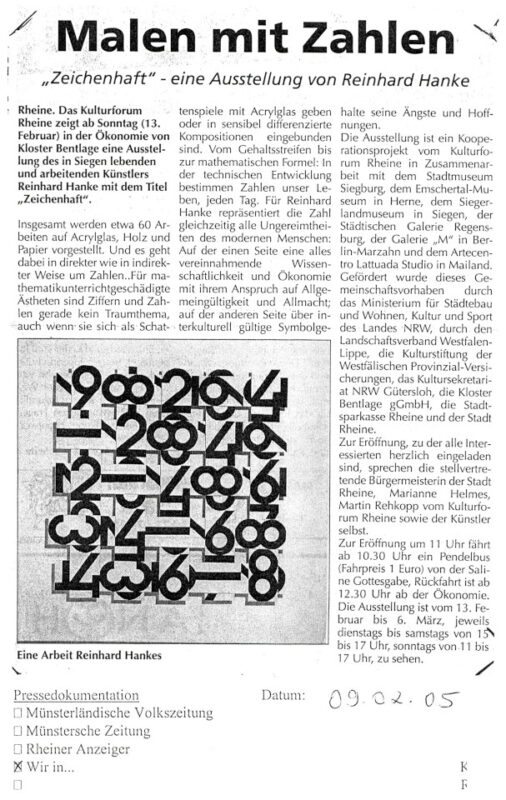 Rezension Kunstausstellung Kulturforum Zeichenhaft Zeitungsartikel Wir in Rheine Westfalen Rheine Zahlen Symbol Interpretation Wirklichkeit