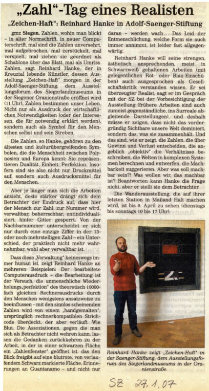Rezension Kunstausstellung Museum Zeichenhaft Zeitungsartikel Siegener Zeitung Westfalen Siegen Zahlen Symbol Interpretation Wirklichkeit