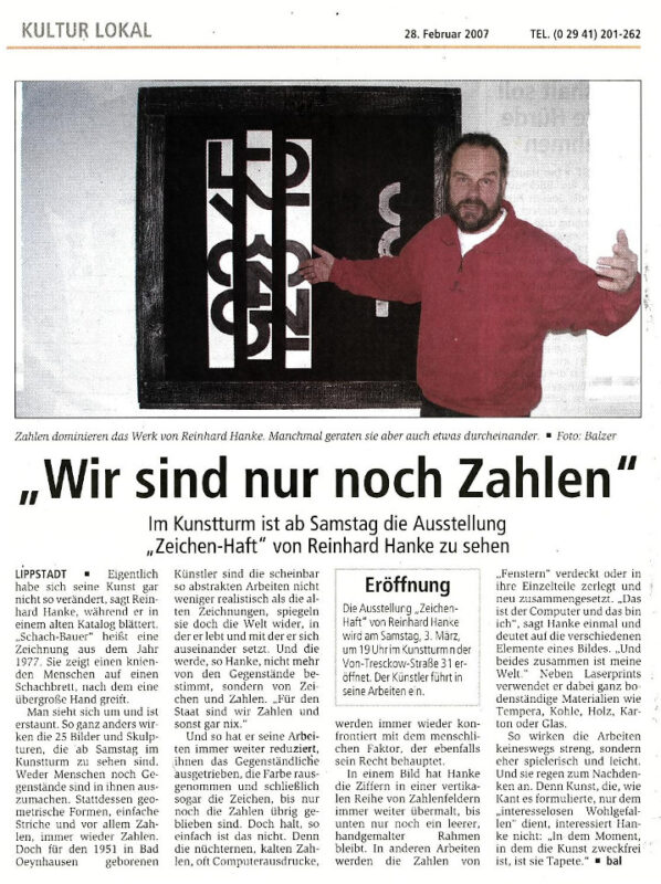 Rezension Kunstausstellung Kunstverein Zeichenhaft Zeitungsartikel Zeitung Der Patriot Westfalen Lippstadt Zahlen Symbol Interpretation Wirklichkeit