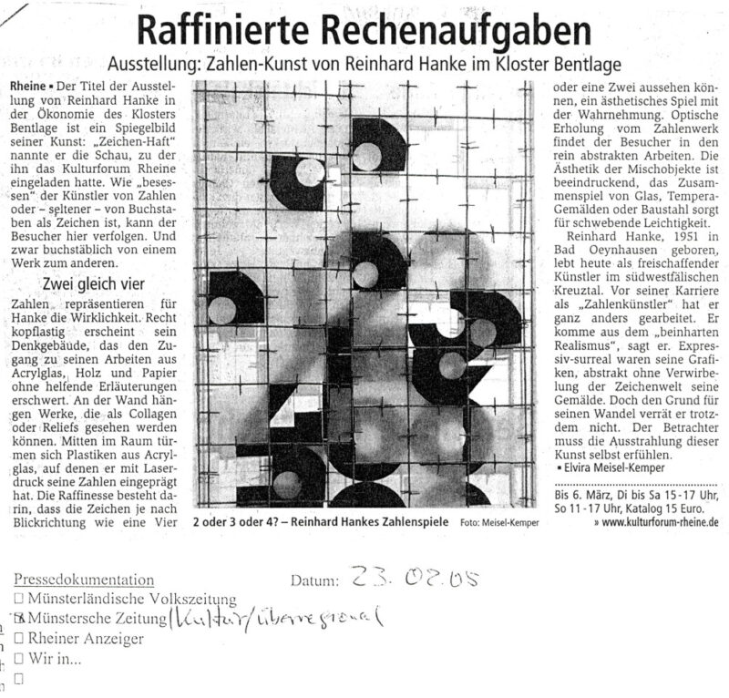 Rezension Kunstausstellung Museum Zeichenhaft Zeitungsartikel Münstersche Zeitung Westfalen Rheine Zahlen Symbol Interpretation Wirklichkeit