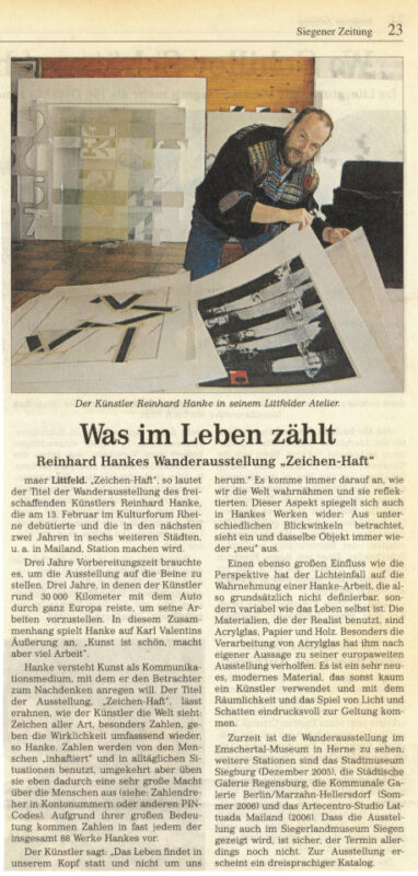 Rezension Kunstausstellung Museum Zeichenhaft Zeitungsartikel Siegener Zeitung Westfalen Siegen Zahlen Symbol Interpretation Wirklichkeit