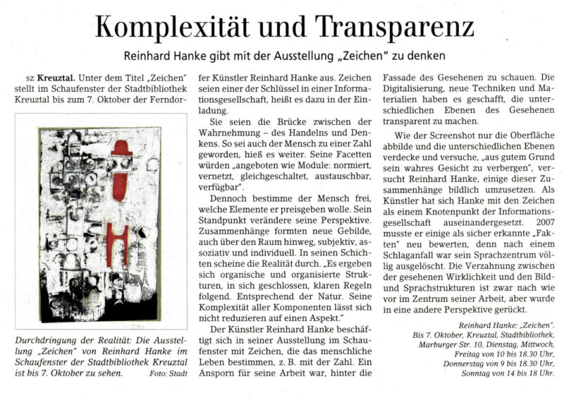 Rezension Kunstausstellung Stadtbibliothek Zeichenhaft Zeitungsartikel Siegener Zeitung Westfalen Kreuztal Zahlen Symbol Interpretation Wirklichkeit