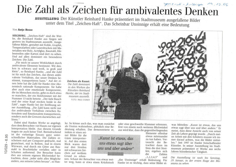 Rezension Kunstausstellung Stadtmuseum Zeichenhaft Zeitungsartikel Generalanzeiger Zeitung NRW Siegburg Zahlen Symbol Interpretation Wirklichkeit