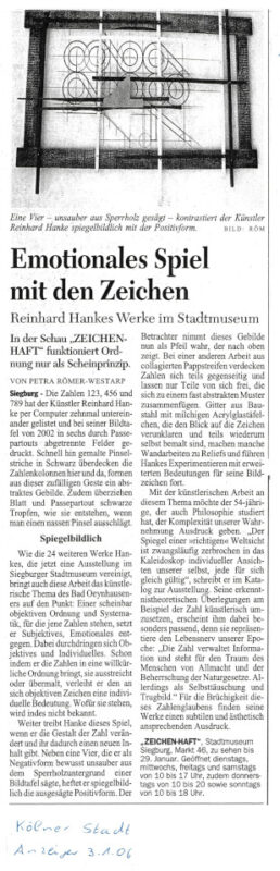 Rezension Kunstausstellung Stadtmuseum Zeichenhaft Zeitungsartikel Kölner Stadtanzeiger Zeitung Westfalen Siegburg Zahlen Symbol Interpretation Wirklichkeit