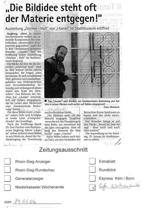 Rezension Kunstausstellung Stadtmuseum Zeichenhaft Zeitungsartikel Siegburger Wochenende Stadtanzeiger Zeitung NRW Siegburg Zahlen Symbol Interpretation Wirklichkeit