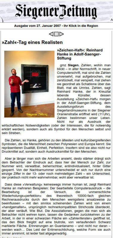 Rezension Kunstausstellung Museum Zeichenhaft Zeitungsartikel Siegener Zeitung NRW Siegen Zahlen Symbol Interpretation Wirklichkeit