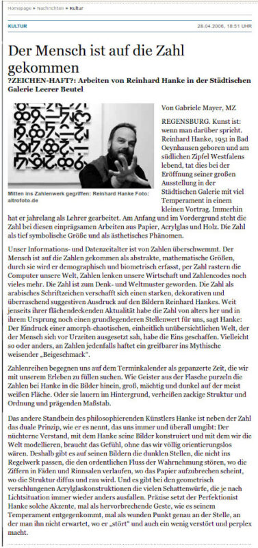 Rezension Kunstausstellung Stadtgalerie Zeichenhaft Zeitungsartikel Mittelbayerische Zeitung Nachrichten Zeitung Bayern Regensburg Zahlen Symbol Interpretation Wirklichkeit