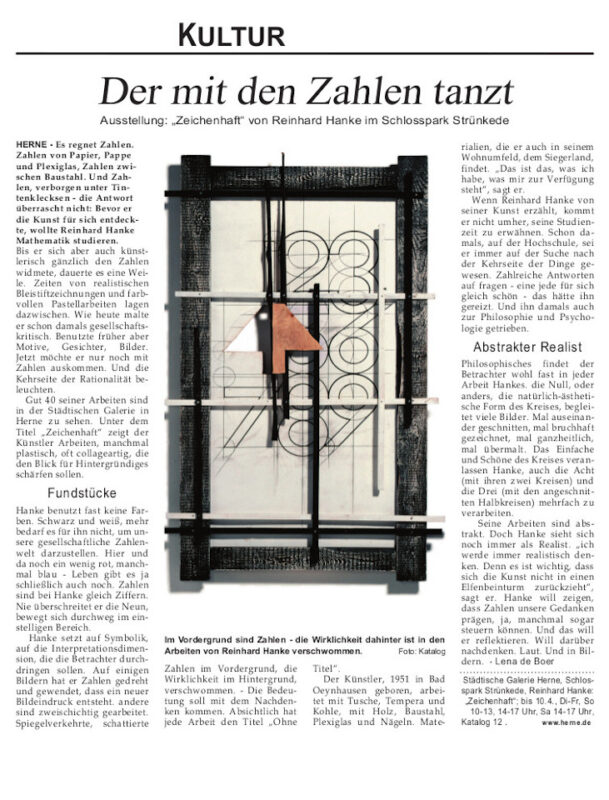 Rezension Kunstausstellung Stadtgalerie Zeichenhaft Zeitungsartikel WAZ Zeitung Westfalen Herne Zahlen Symbol Interpretation Wirklichkeit